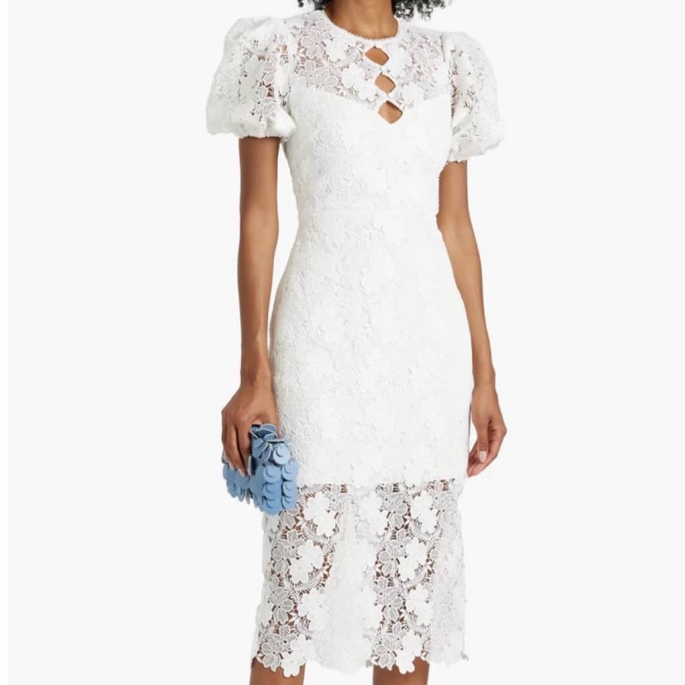 MONIQUE LHUILLIER Button embellished cutout guipure lace midi dress